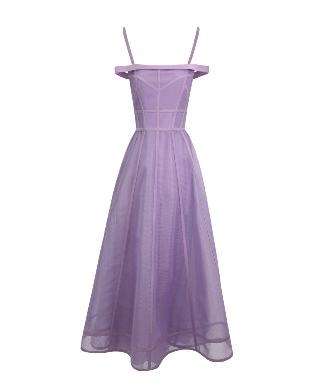 A princess cut mesh midi lilac dress.