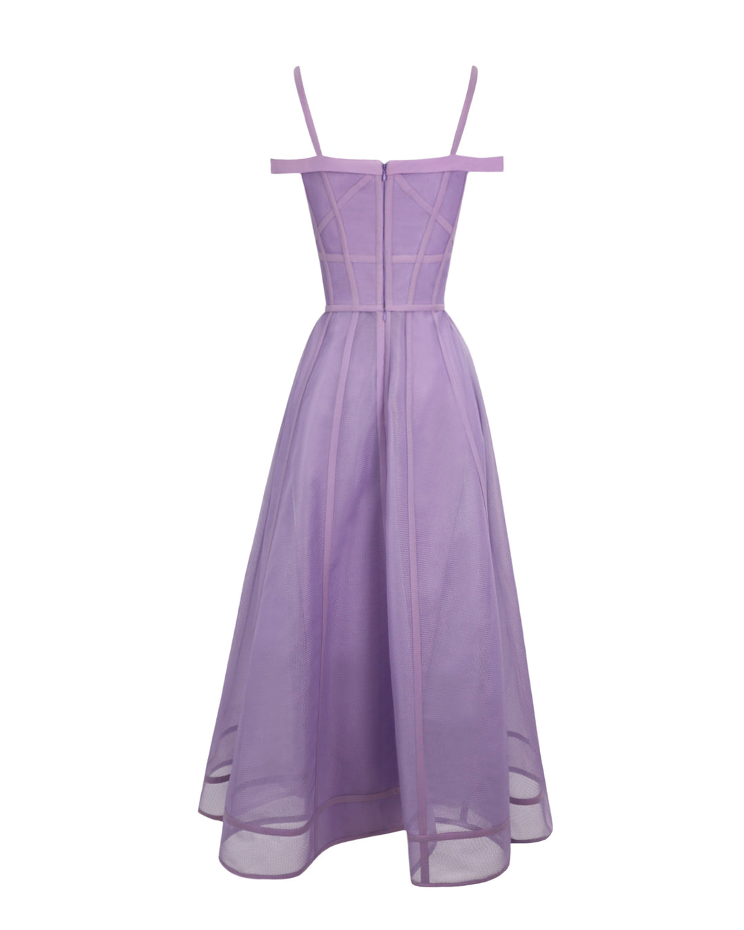 The back of a princess cut mesh midi lilac dress.