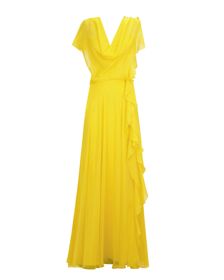 An asymmetrical flared chiffon yellow dress with draping and ruffled details.