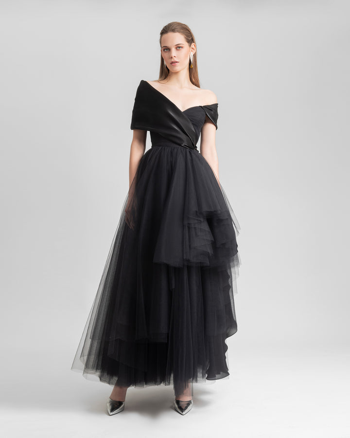 Draped and Ruffled Tulle Dress