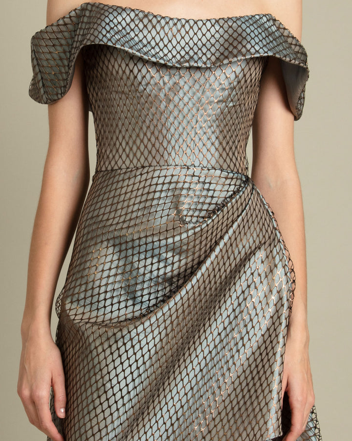 Off-Shoulders Taupe Fishnet Dress