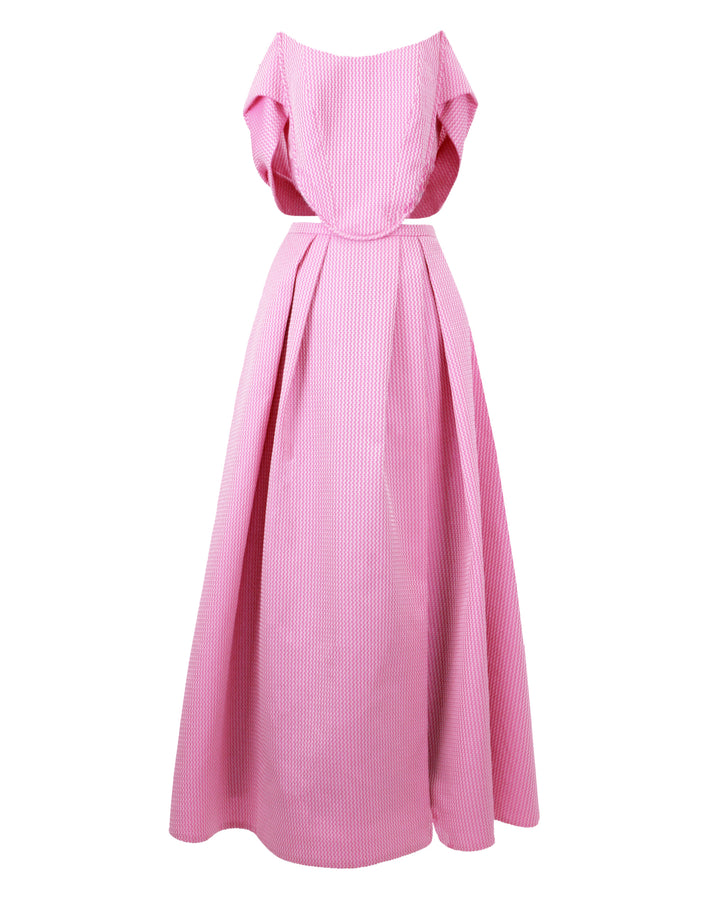 An off-shoulder pink jacquard dress with draping and cut-out details on the sides.