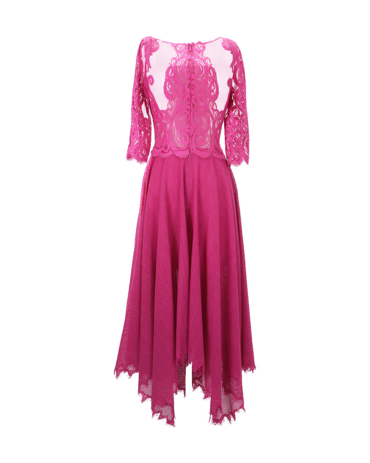 The back of a wide V-neckline with intricate lace flared midi dress in fuchsia color.