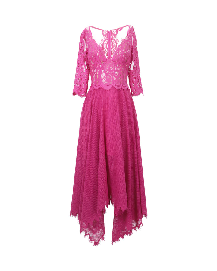 A wide V-neckline with intricate lace flared midi dress in fuchsia color.