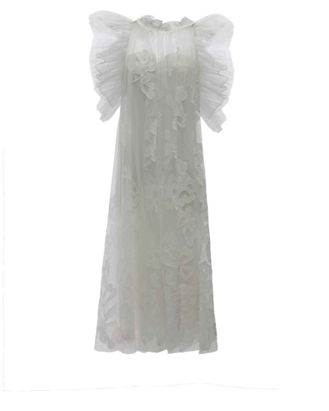 An A-line cut white midi dress in fully embroidered fabric, featuring ruffled shoulders.