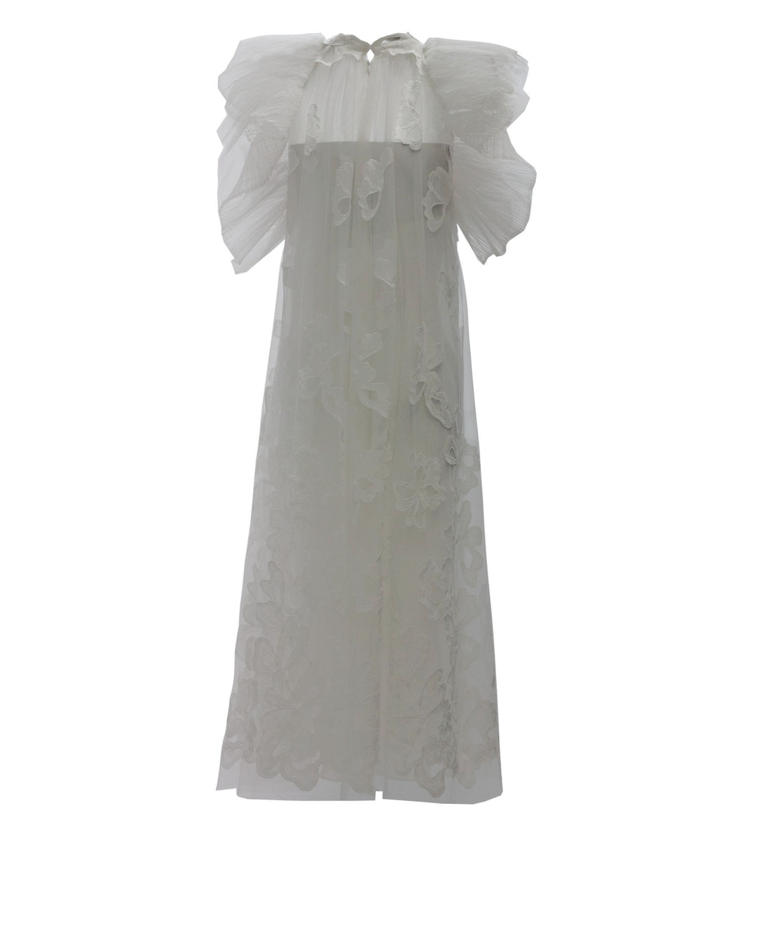 The back of an A-line cut white midi dress in fully embroidered fabric, featuring ruffled shoulders.