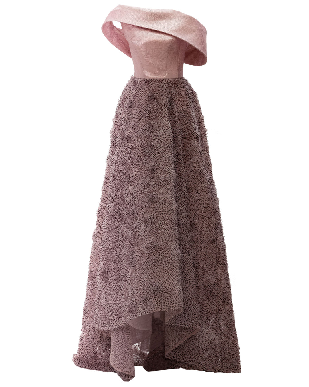 A bi-fabric evening dress, asymmetrical woven metallic fabric upper part and wide fluffy textured chiffon cut skirt.