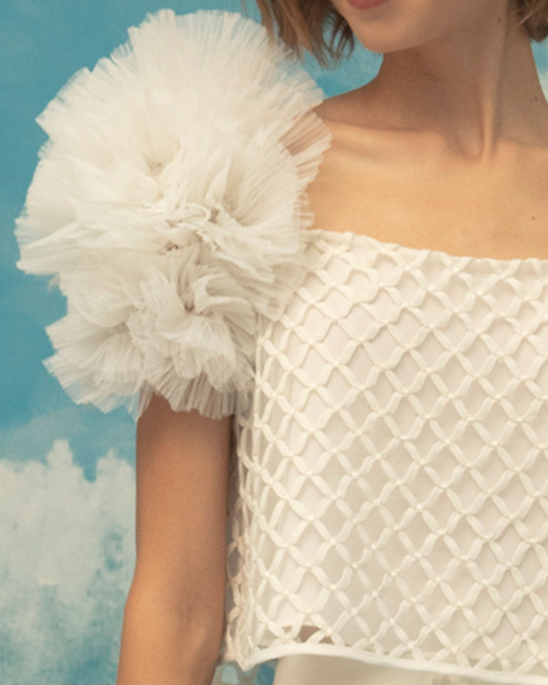 A close-up of a squared neckline, embroidered fishnet ivory top, with puffed tulle shoulders.