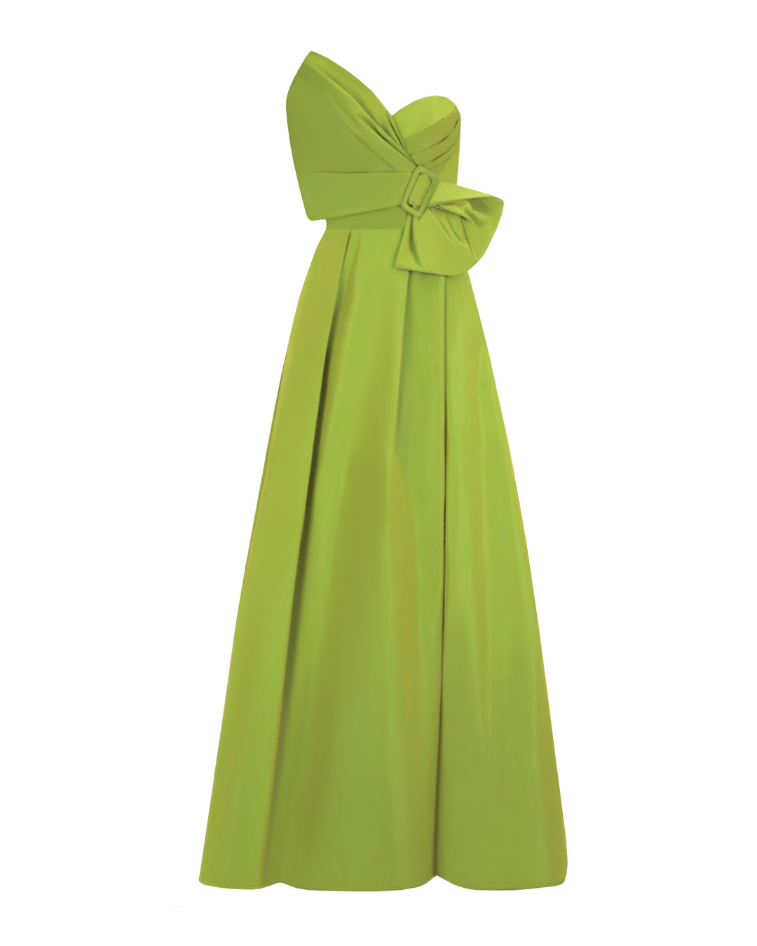 A bow-like design, strapless green Tafta dress with open slit on the side.