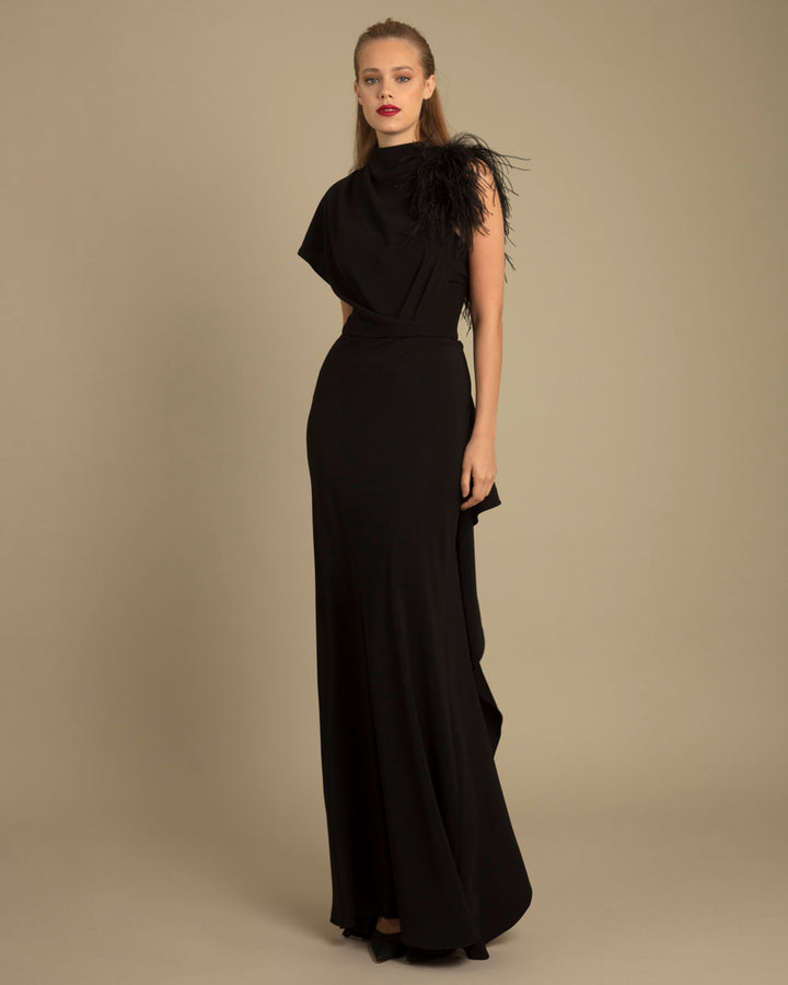 Asymmetrical Feathered Crepe Dress