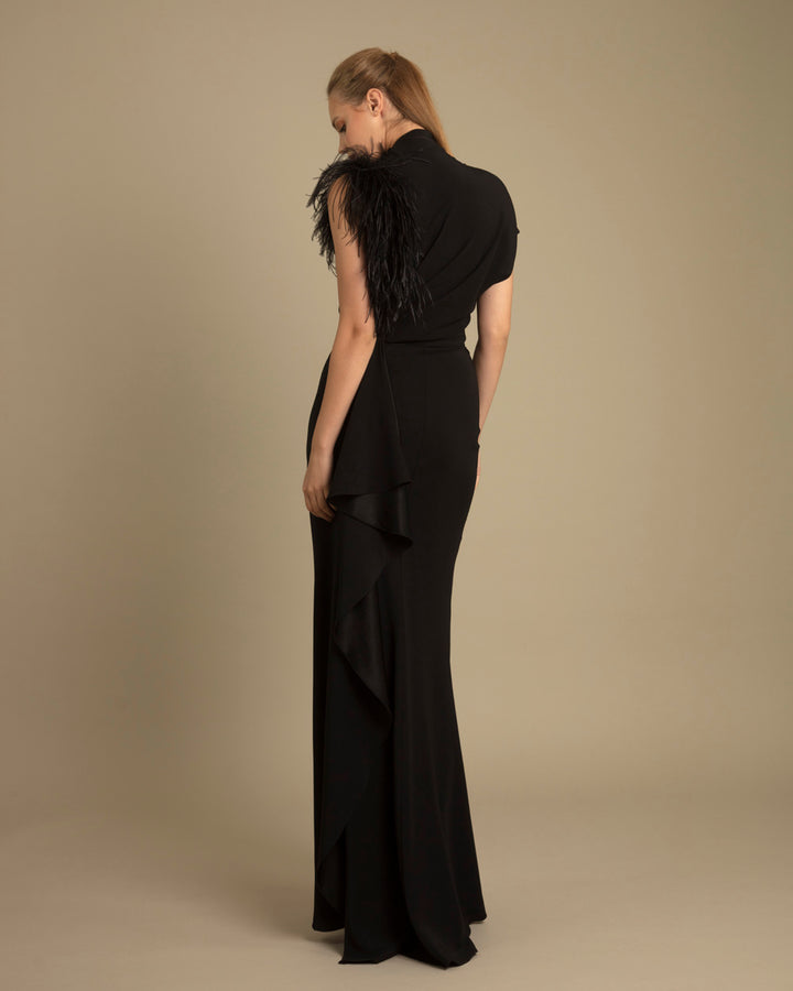 Asymmetrical Feathered Crepe Dress