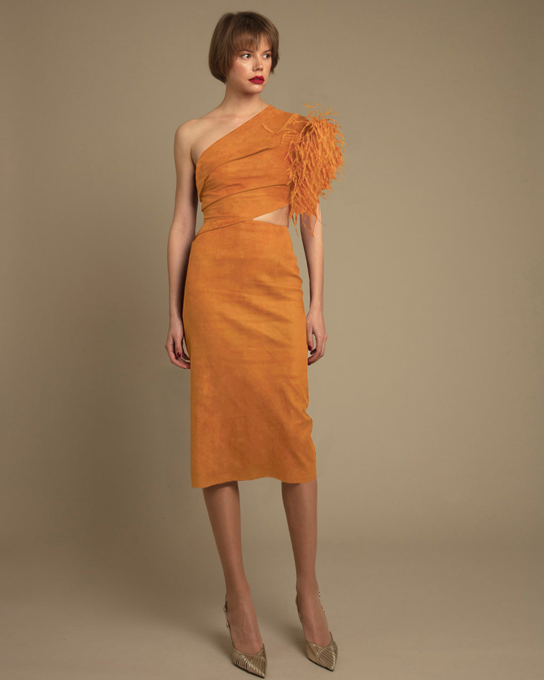 One-Shoulder Feather Mustard Dress