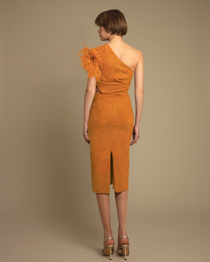 One-Shoulder Feather Mustard Dress