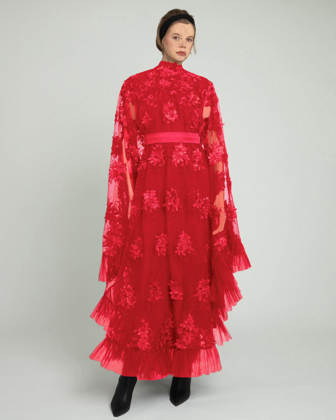 Embellished Red Kaftan with Belt