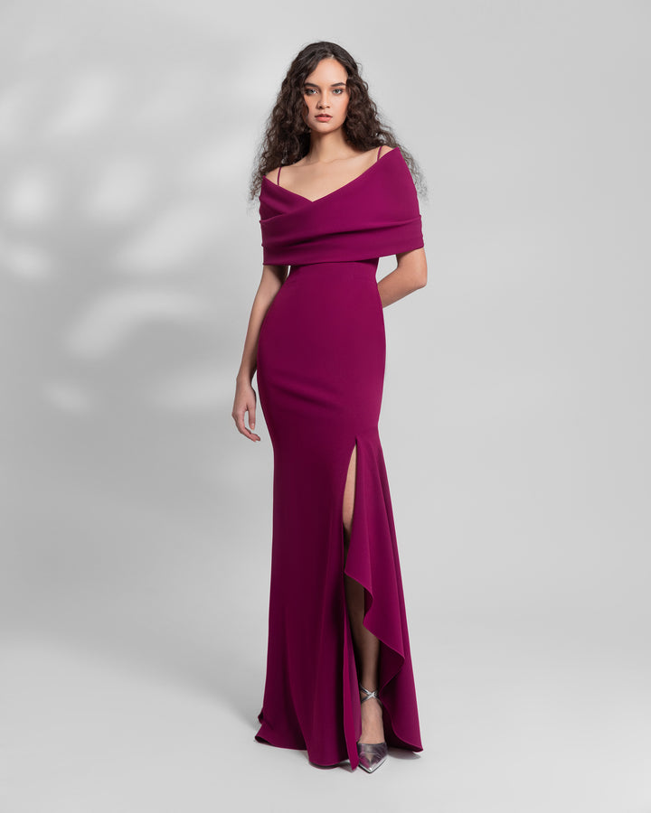 Dark Fuchsia Draped Off-The-Shoulders Dress