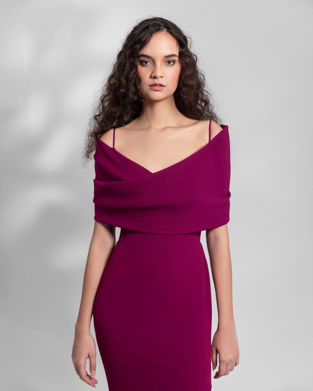 Dark Fuchsia Draped Off-The-Shoulders Dress