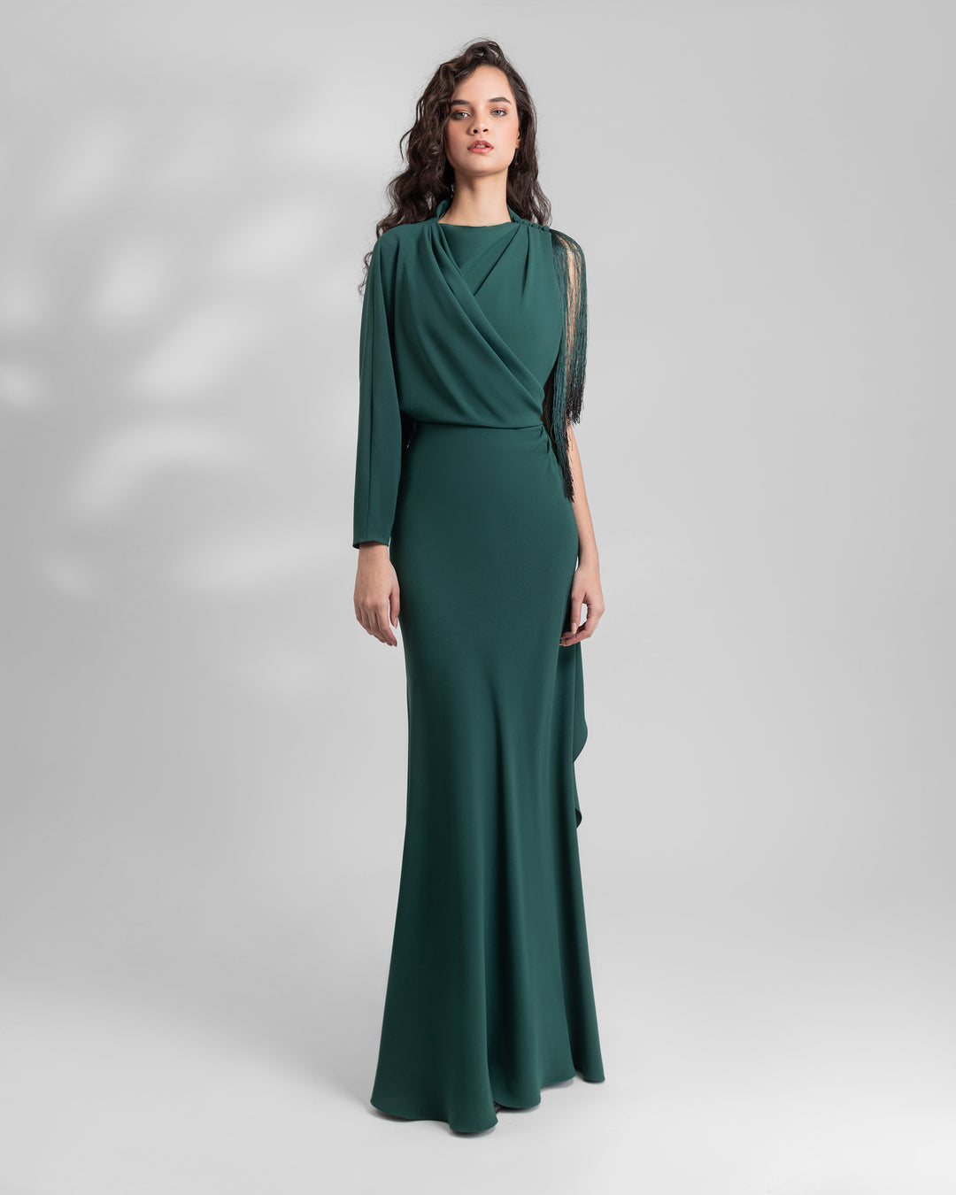 Emerald Green Long Crepe Dress with Draping's