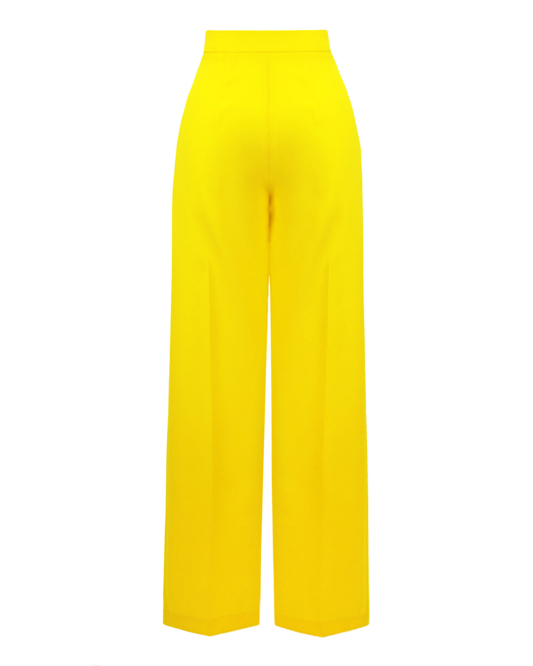 The back of a straight cut yellow crepe pants.