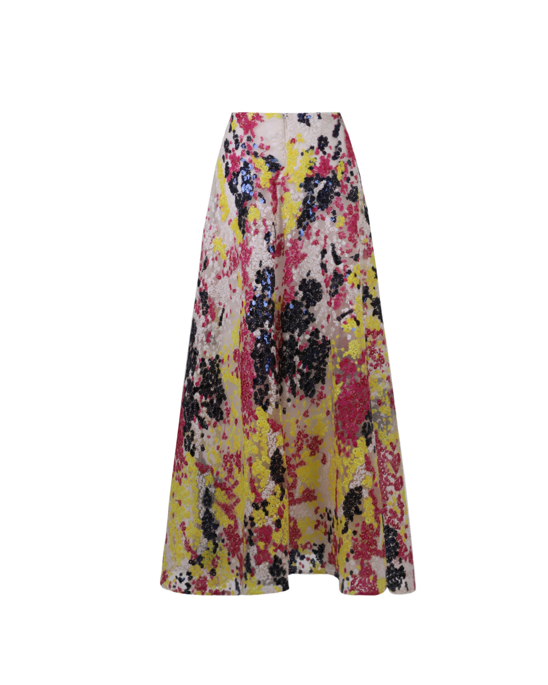 The back of a multicolor embroidery sequined midi flared skirt.