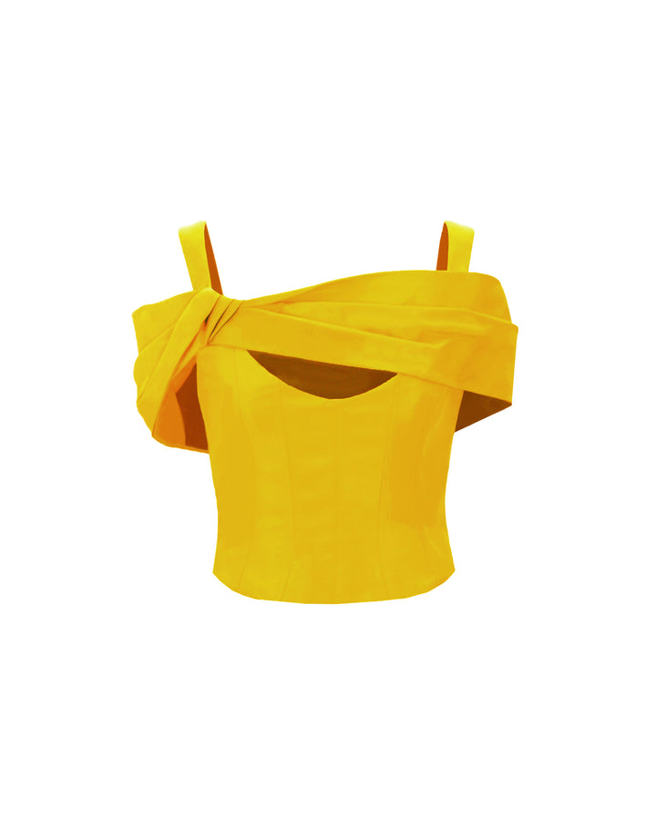 An asymmetrical bow-design taffeta corset yellow top.