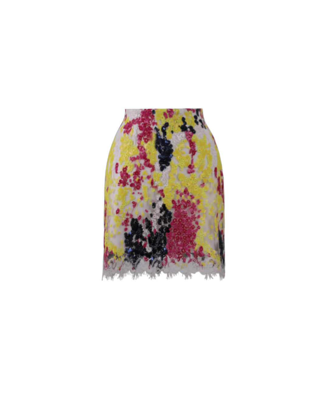 A multicolor embroidered sequins short skirt with lace hemline.