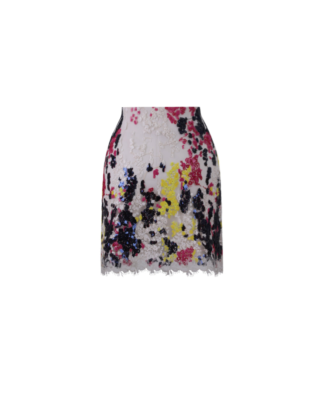 The back of a a multicolor embroidered sequins short skirt with lace hemline.