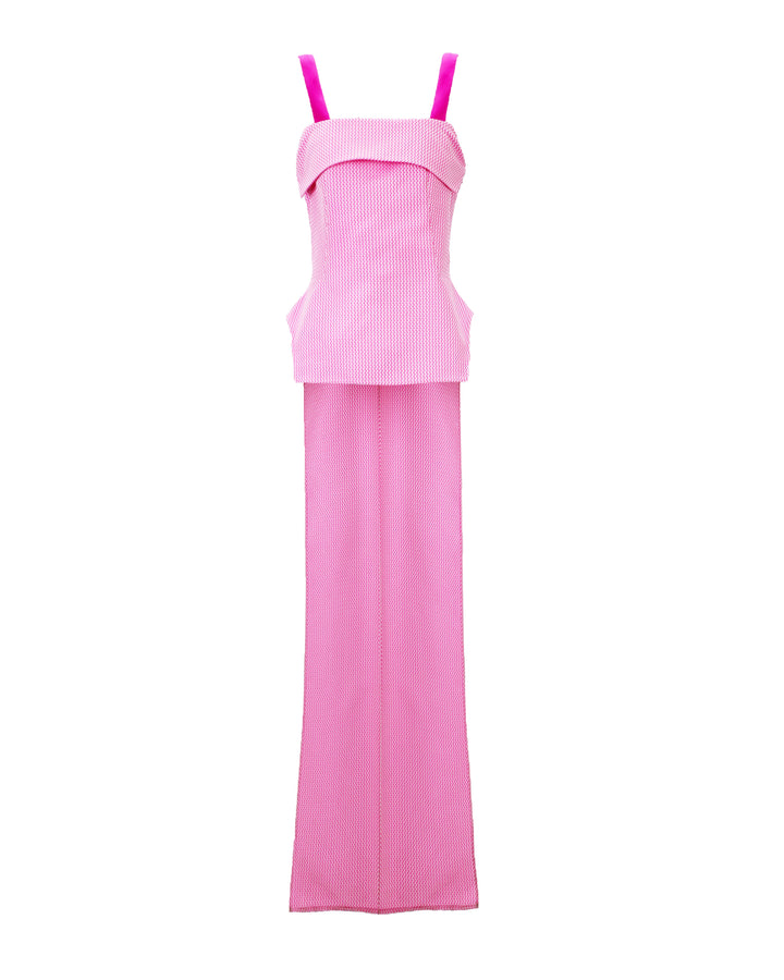 An asymmetrical two tone pink top with detachable belt.