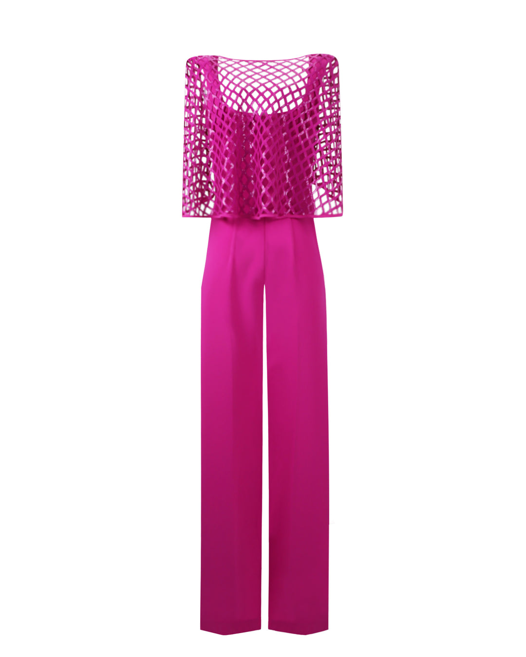 The back of an evening wear look featuring a corset jumpsuit paired with a detachable sequined cape all in fuchsia color.