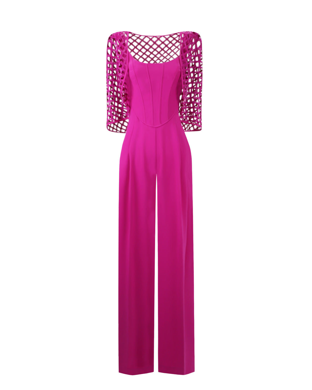 An evening wear look featuring a corset jumpsuit paired with a detachable sequined cape all in fuchsia color.