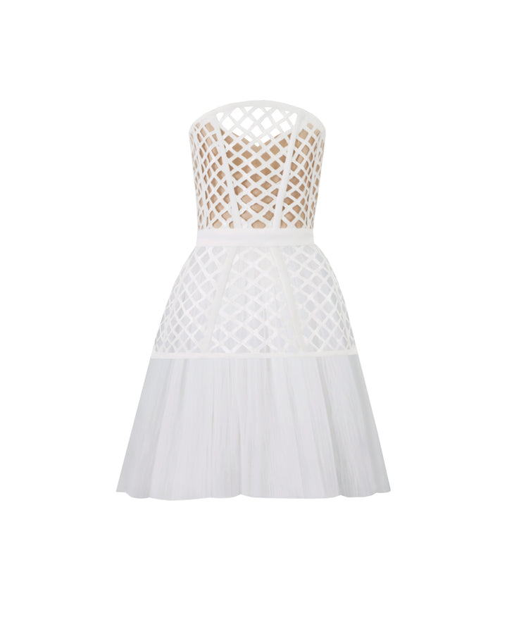 A strapless corset-like top, paired with an A-line gathered tulle skirt.