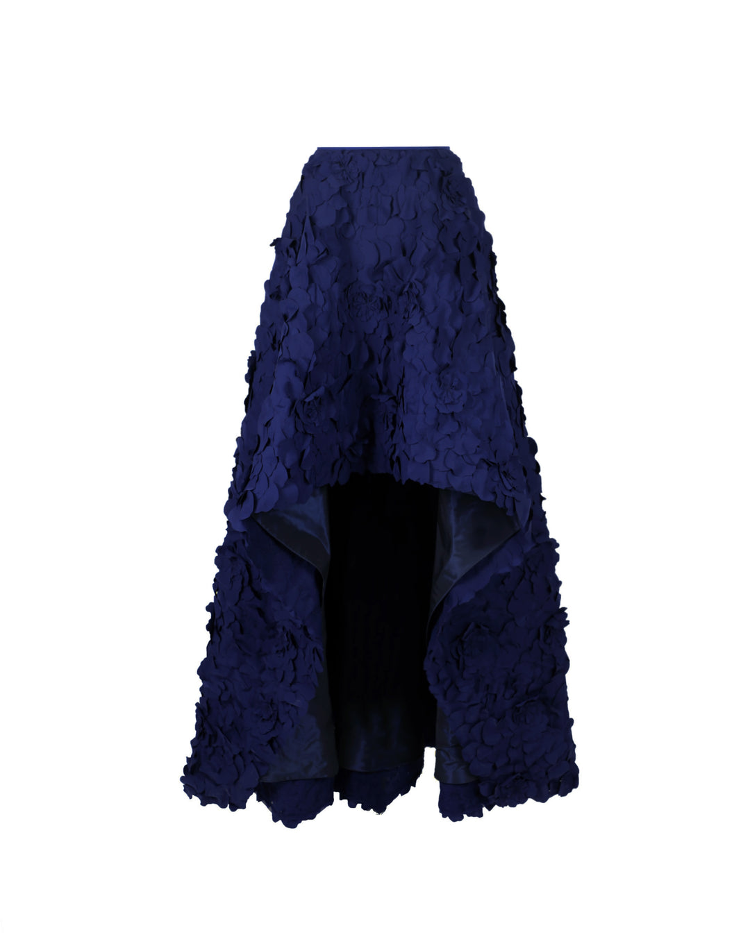 A wide asymmetrical hemline laser-cut navy blue skirt.