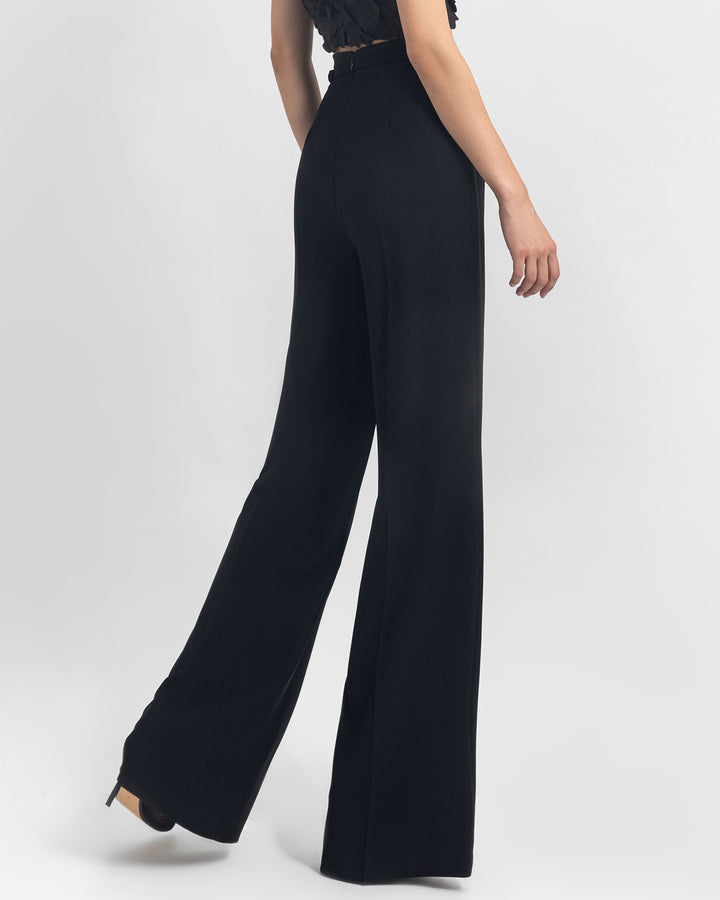 The back of a straight-cut crepe black pants with a detachable belt.