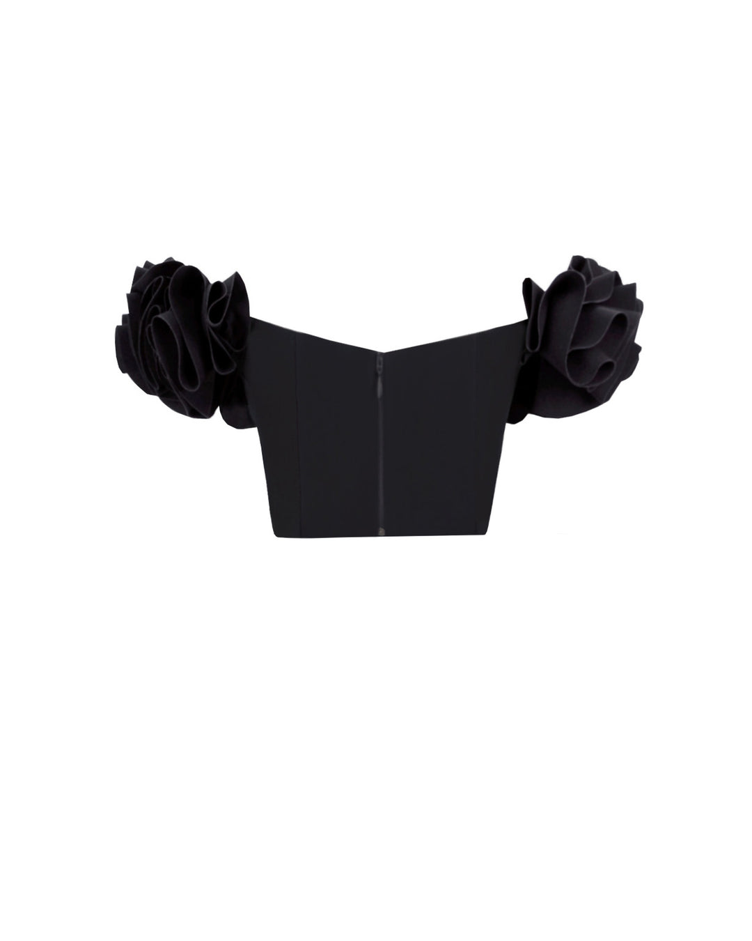 The back of an off-shoulders ruffled crepe black crop top.