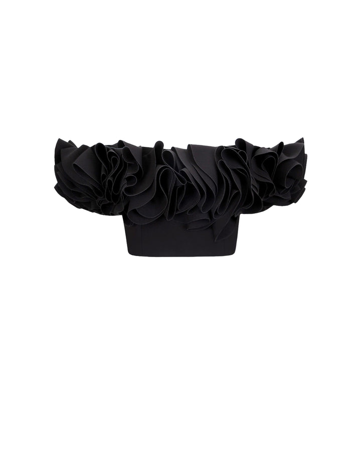 An off-shoulders ruffled crepe black crop top.