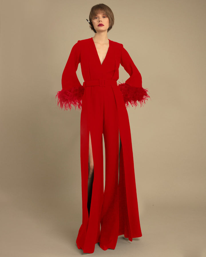 V-Neckline Loose Red Jumpsuit