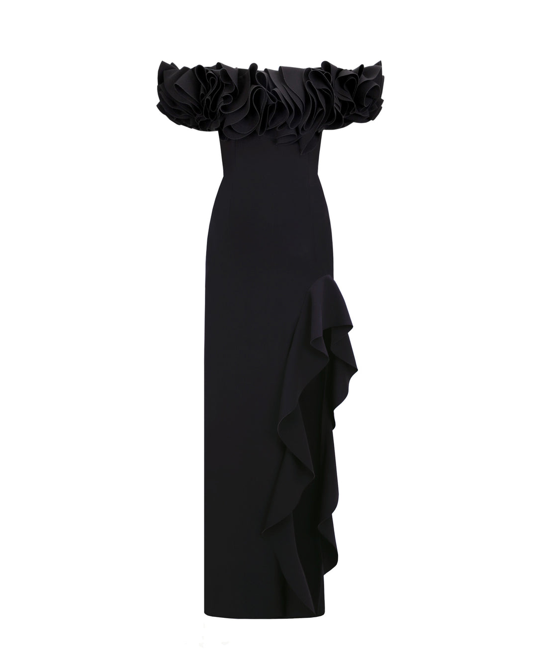 A ruffled off-shoulders crepe black dress with an asymmetrical skirt with ruffled details and a slit on the side.